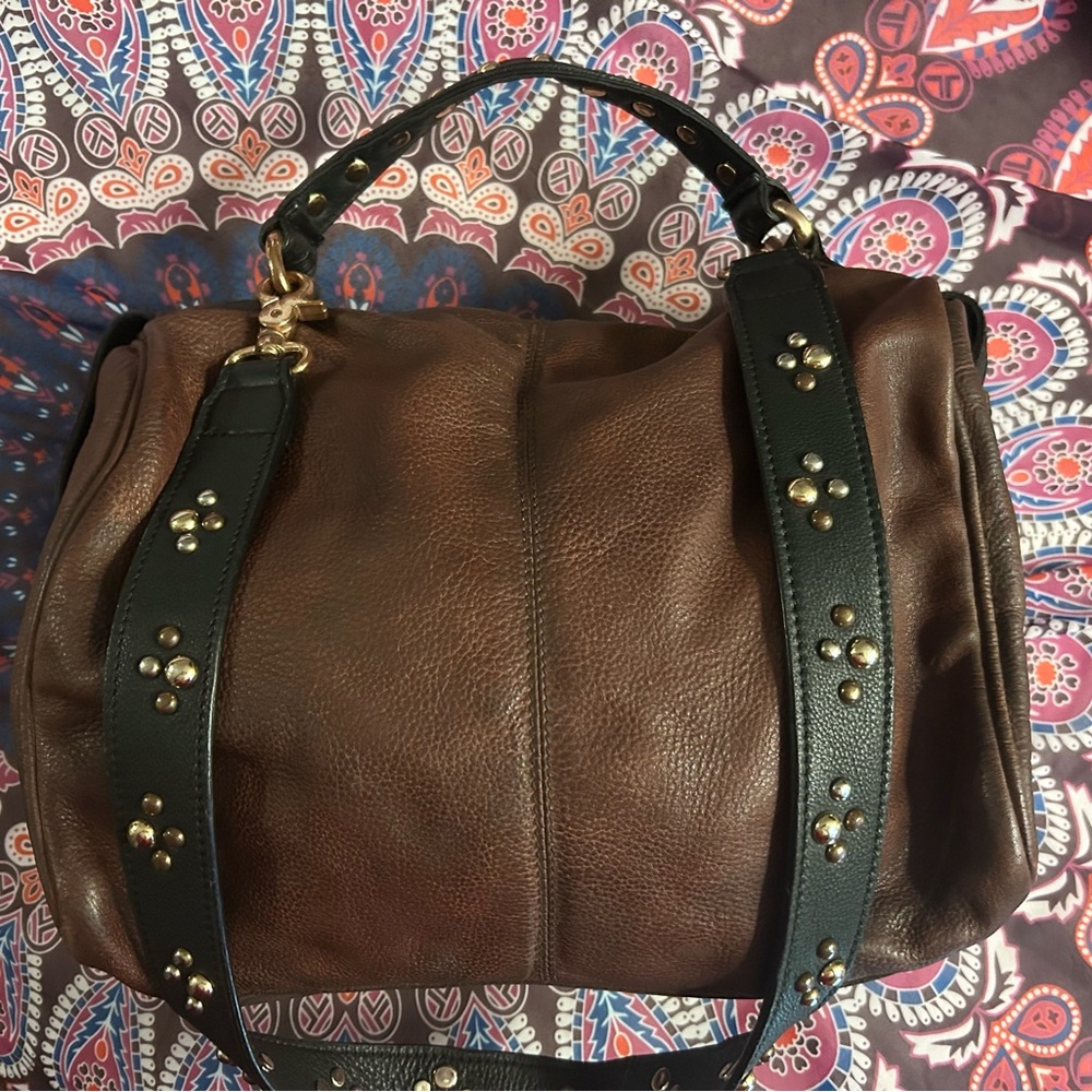 Free People Dark Brown Leather Shoulder Bag with Embellished Black Strap